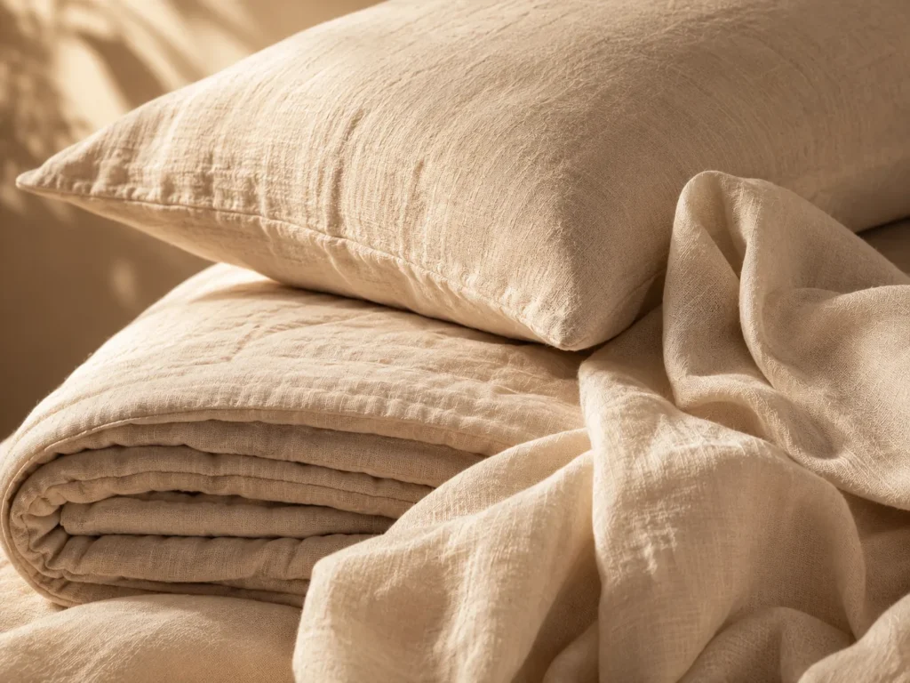Layered cream bedding and soft pillows in warm golden light