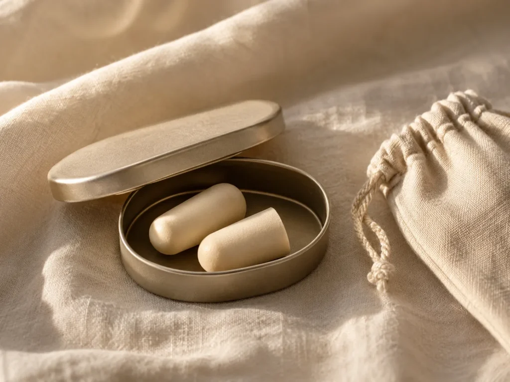 Soft foam sleep earplugs in a small storage tin with linen pouch