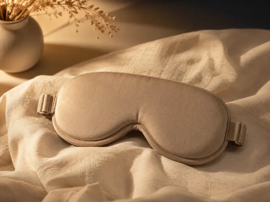 Soft taupe sleep mask on cream fabric in warm ambient light