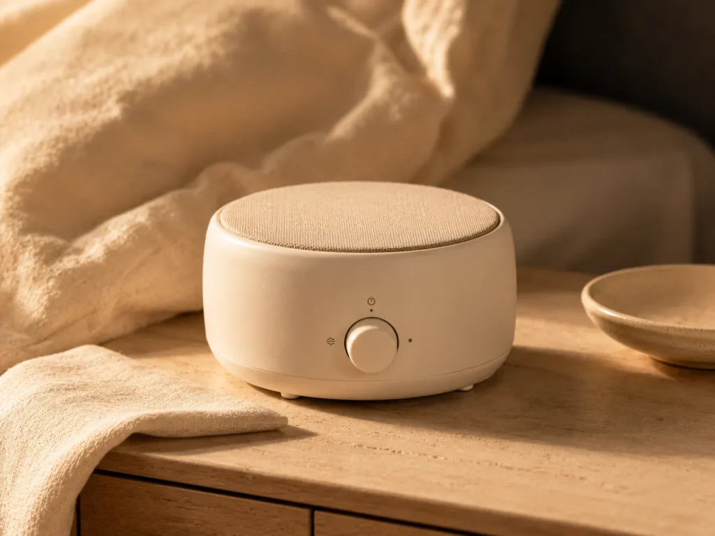Compact warm beige white noise machine on a wooden bedside surface
