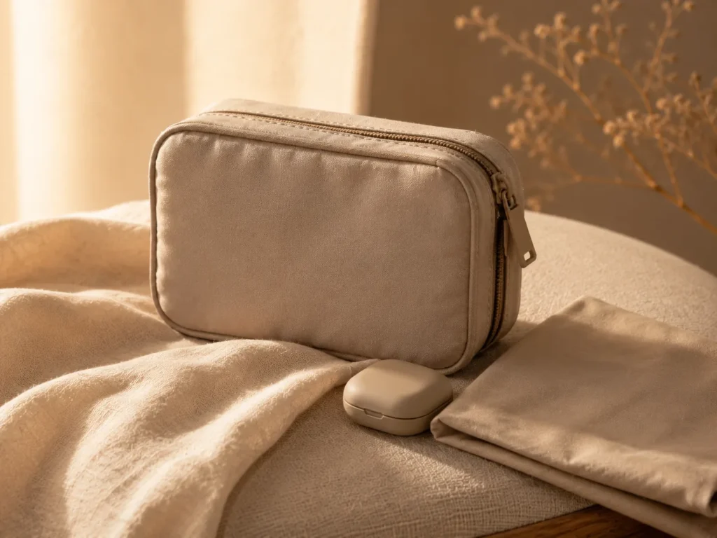 Warm beige travel sleep organizer with compact accessories