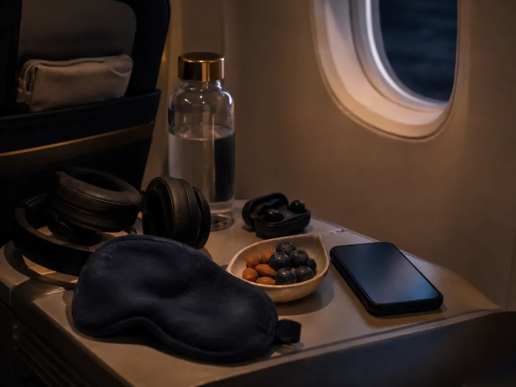 Airplane sleep kit with eye mask, headphones, water, phone, and light snacks