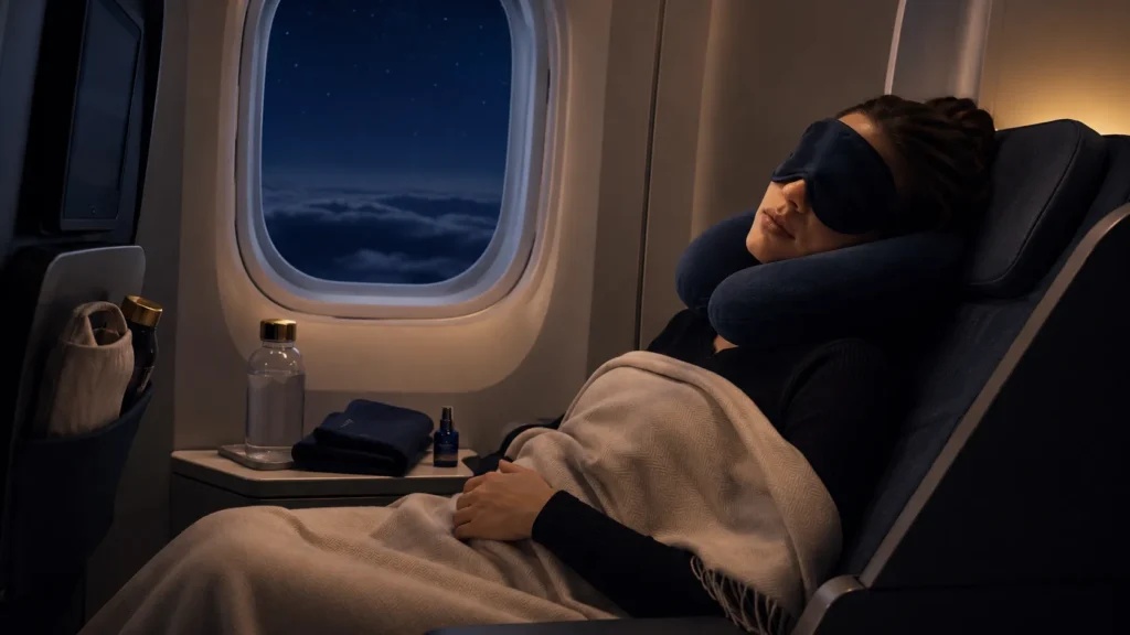 Traveler using a sleep mask and neck pillow to sleep better on a plane during a long-haul flight
