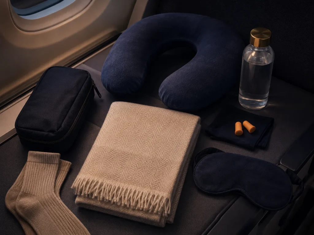 Travel sleep essentials including a neck pillow, sleep mask, blanket, socks, earplugs, and water bottle