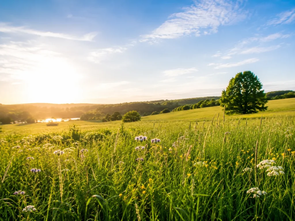 Bright morning sunlight over a peaceful green meadow and wildflowers