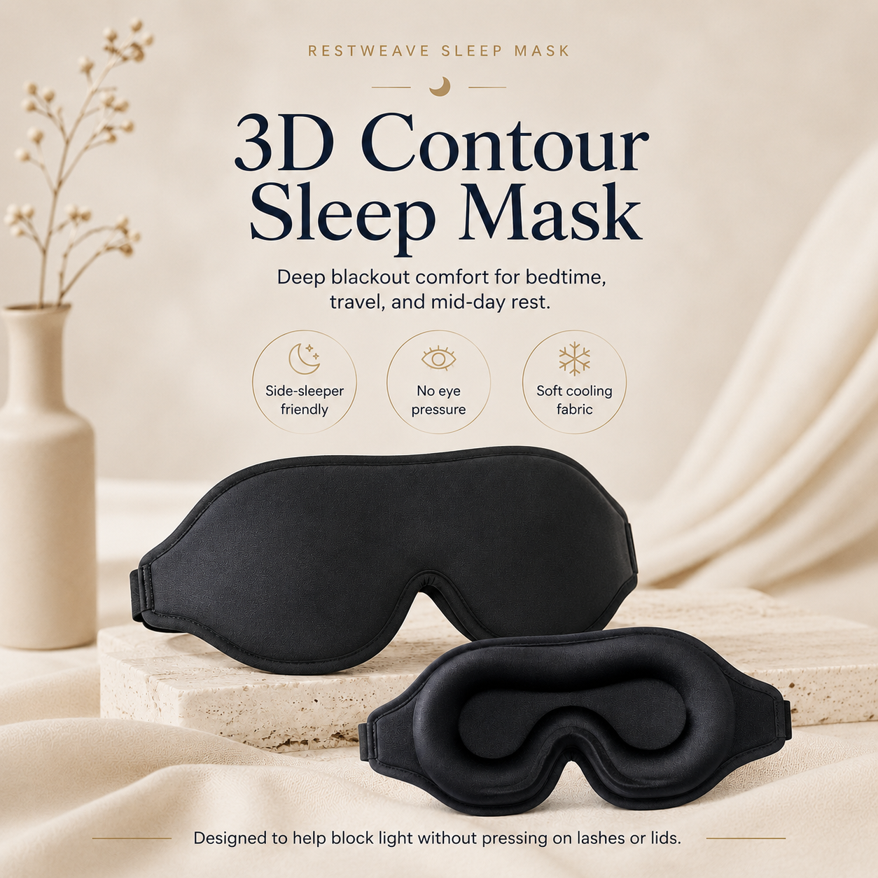 RestWeave 3D contour sleep mask with side-sleeper friendly, no eye pressure, and soft cooling fabric features