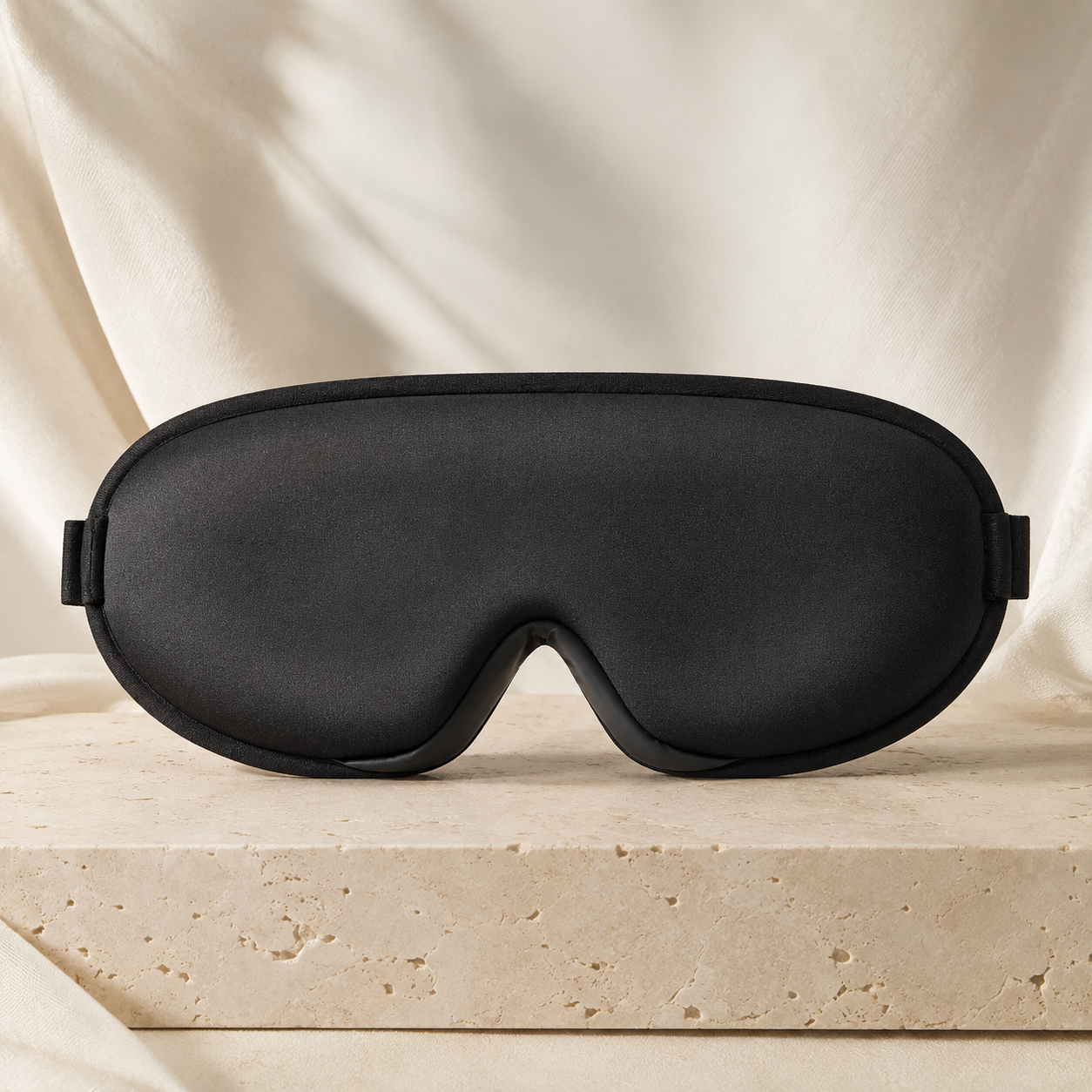 Classic Black RestWeave 3D Ice Silk Sleep Mask on a warm beige background