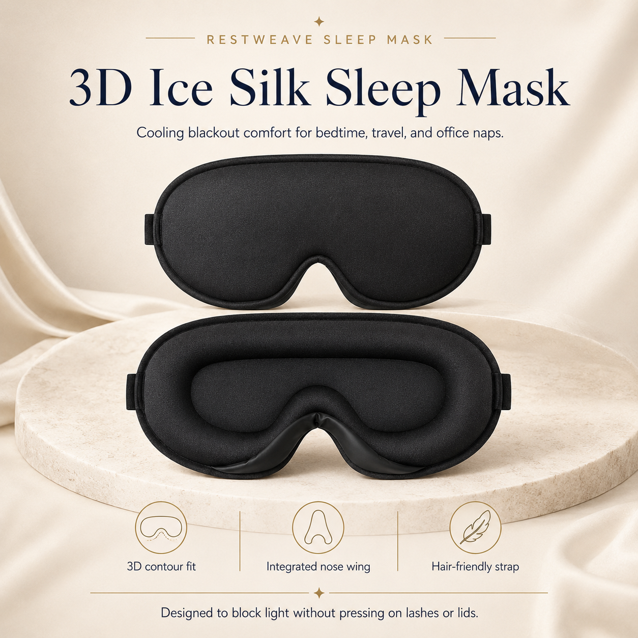 Black RestWeave 3D sleep mask with integrated nose bridge designed to reduce light leakage