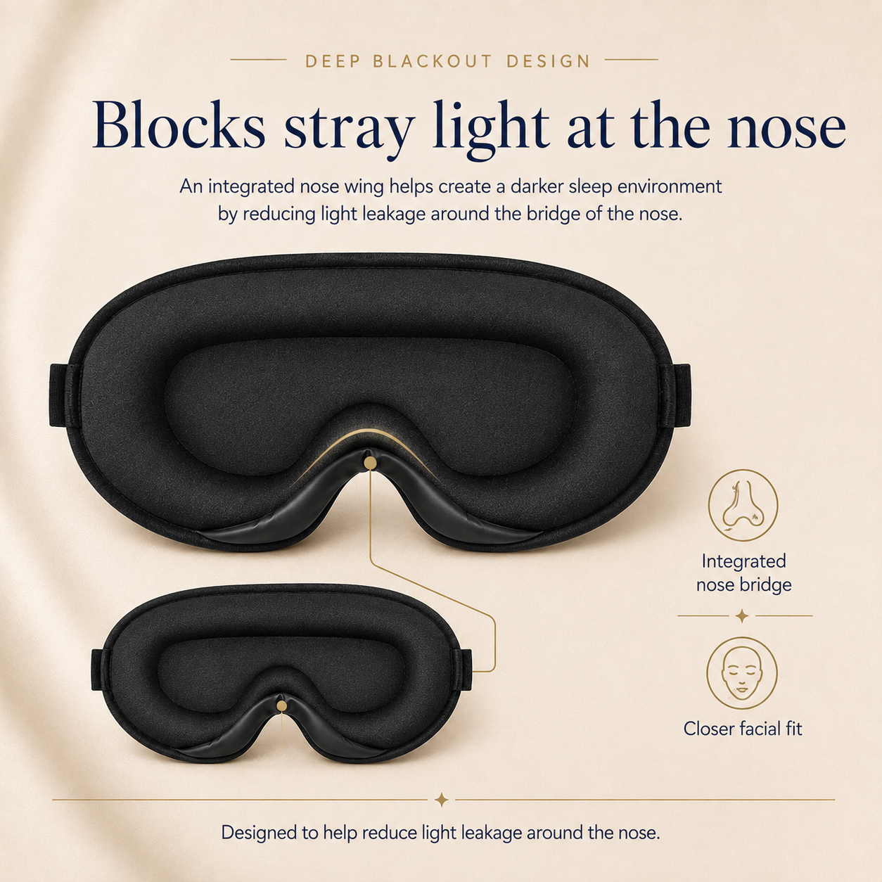 Black RestWeave 3D sleep mask with integrated nose bridge designed to reduce light leakage