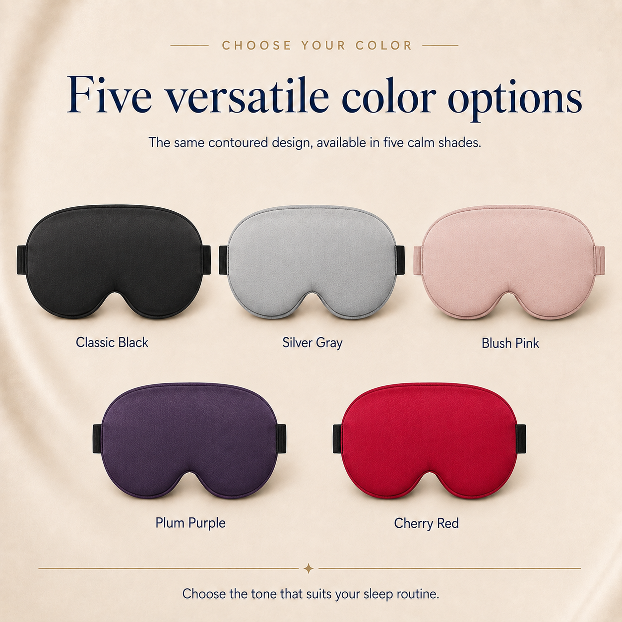 RestWeave sleep mask in Classic Black, Silver Gray, Blush Pink, Plum Purple, and Cherry Red