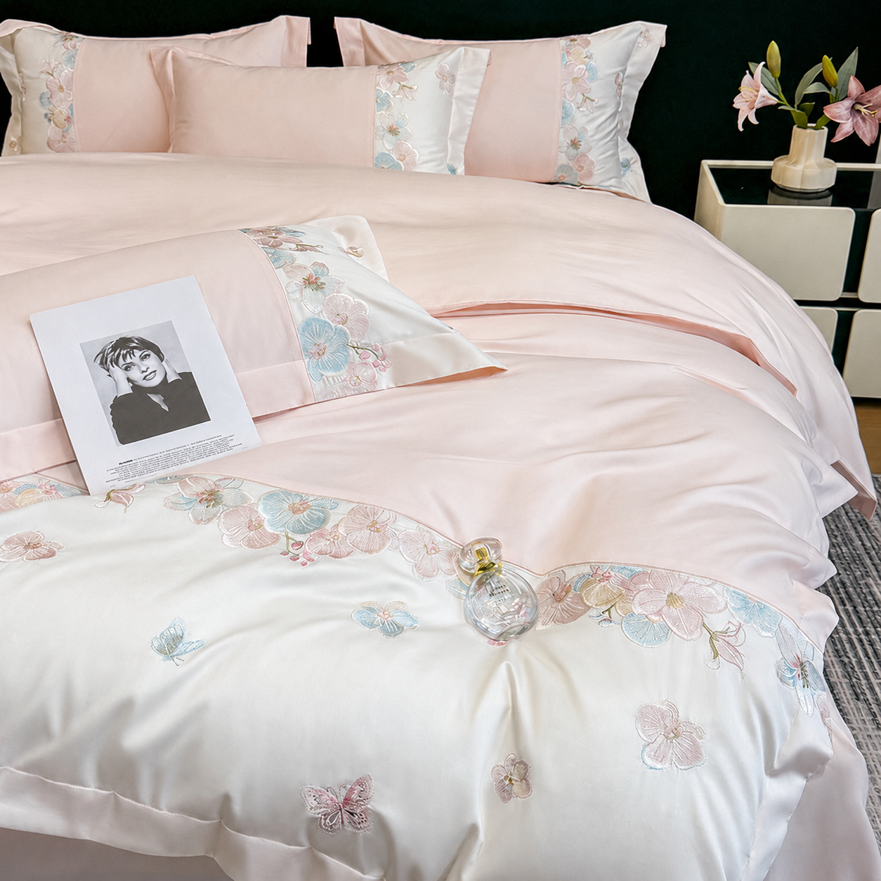 Blush pink RestWeave bedding set with ivory floral embroidered duvet and pillowcases