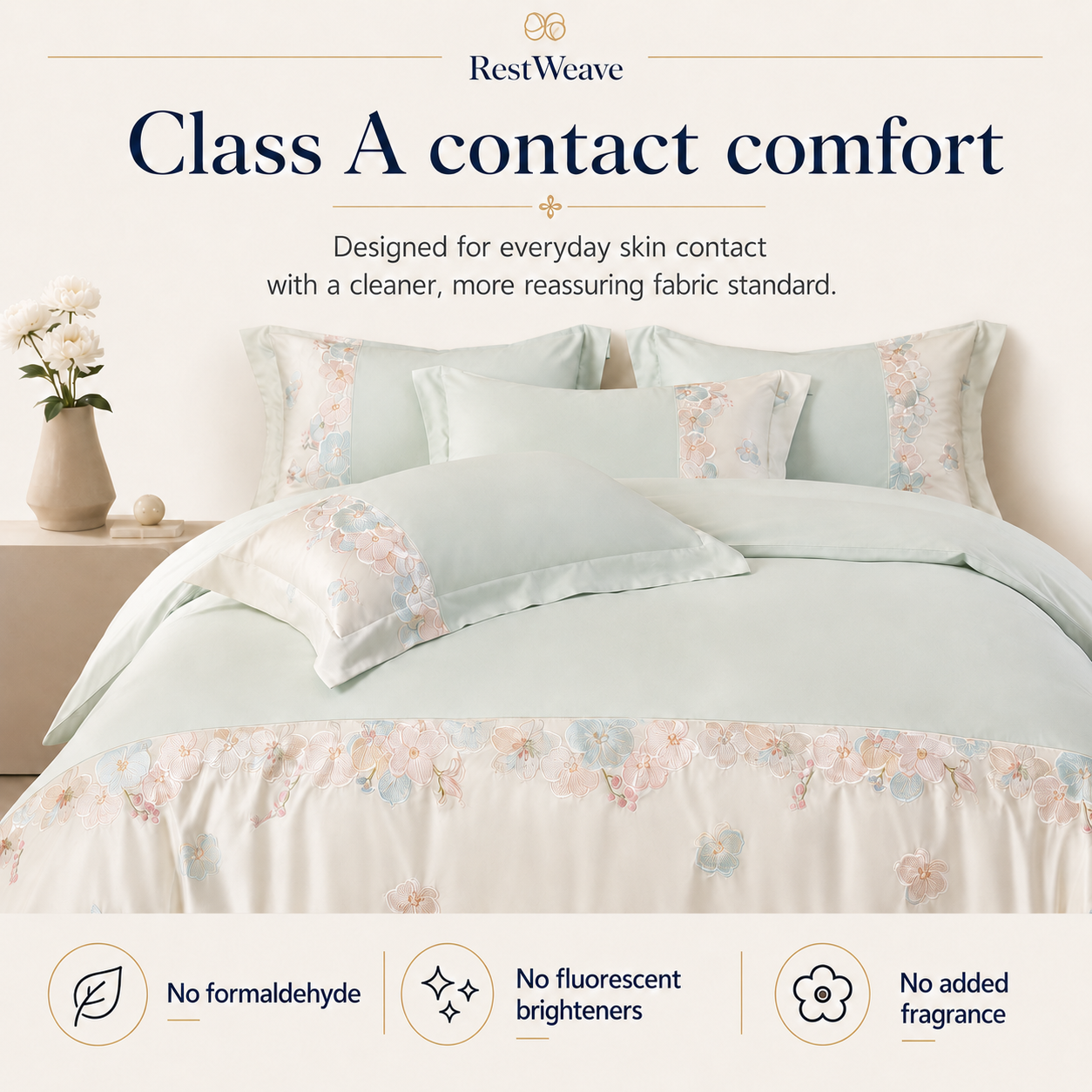 RestWeave embroidered bedding with Class A contact comfort feature graphic