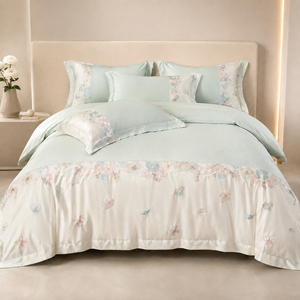 RestWeave Soft Mint embroidered bedding set with matching duvet cover and pillowcases