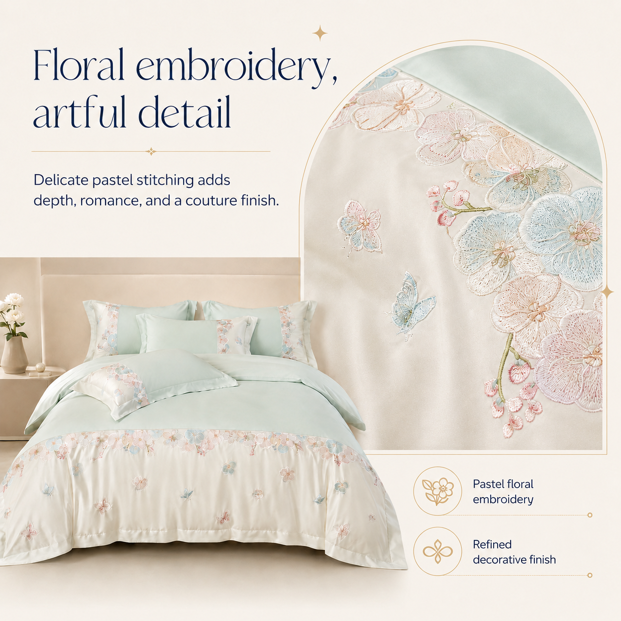 Close-up of pastel floral and butterfly embroidery on RestWeave bedding