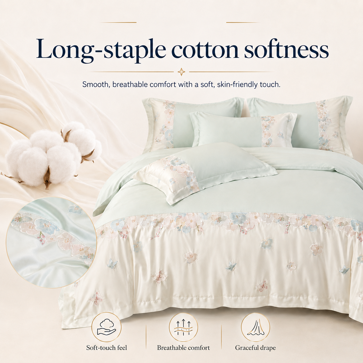 RestWeave embroidered bedding highlighting soft long-staple cotton fabric and graceful drape
