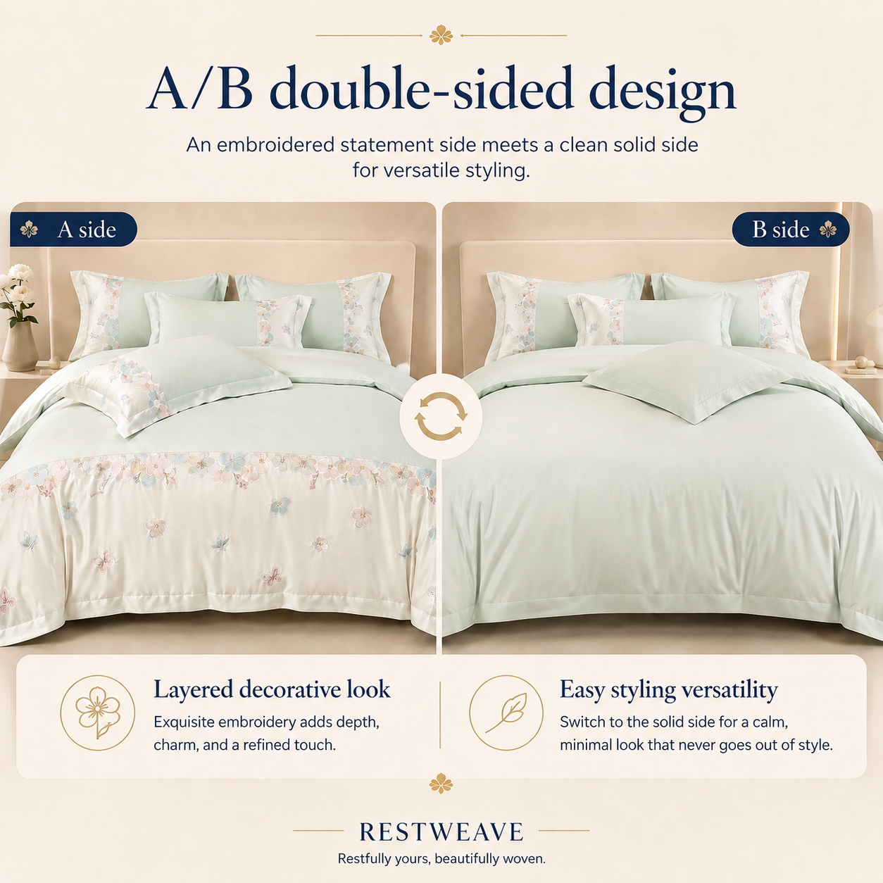 RestWeave bedding showing embroidered decorative side and clean solid reverse side