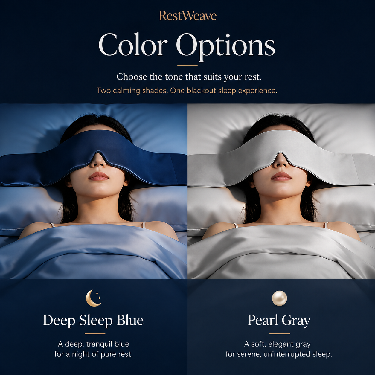 RestWeave weighted sleep mask in Deep Sleep Blue and Pearl Gray