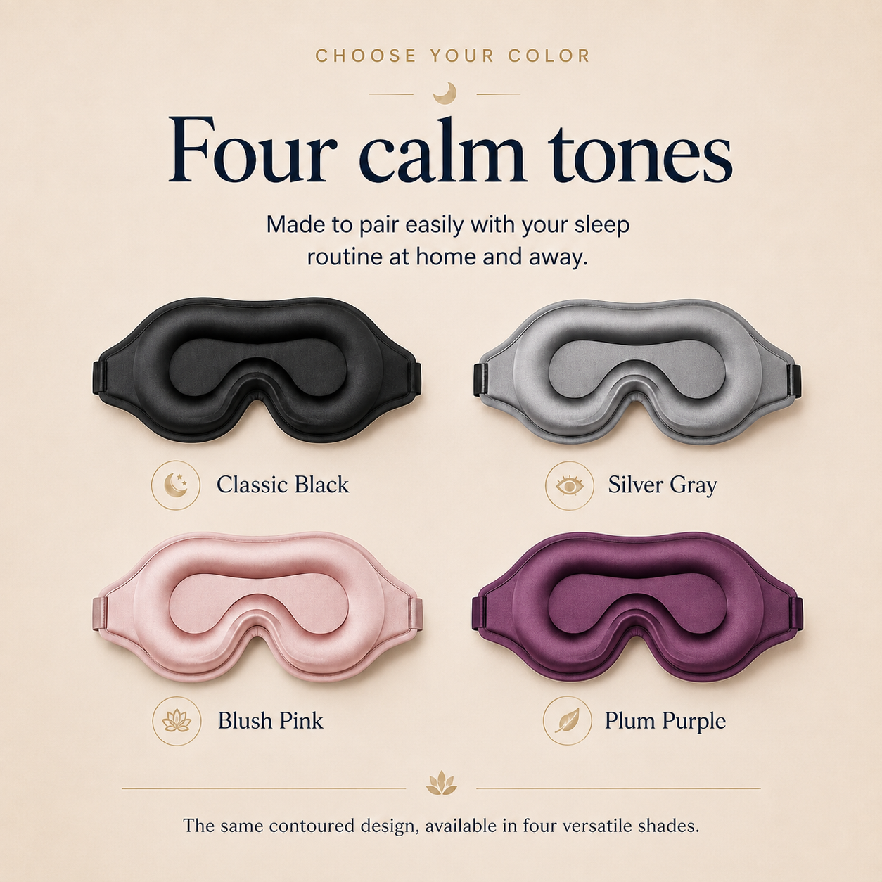 RestWeave 3D contour sleep mask available in Classic Black, Silver Gray, Blush Pink, and Plum Purple