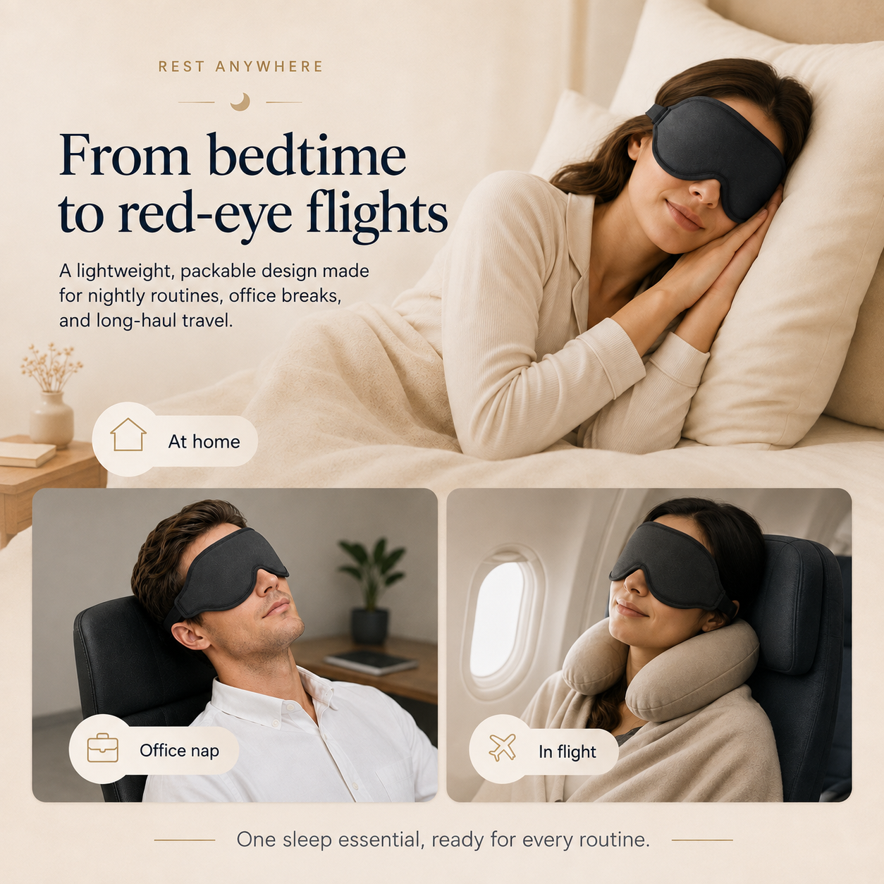 Lifestyle image showing RestWeave sleep mask used at home, for office naps, and during flights