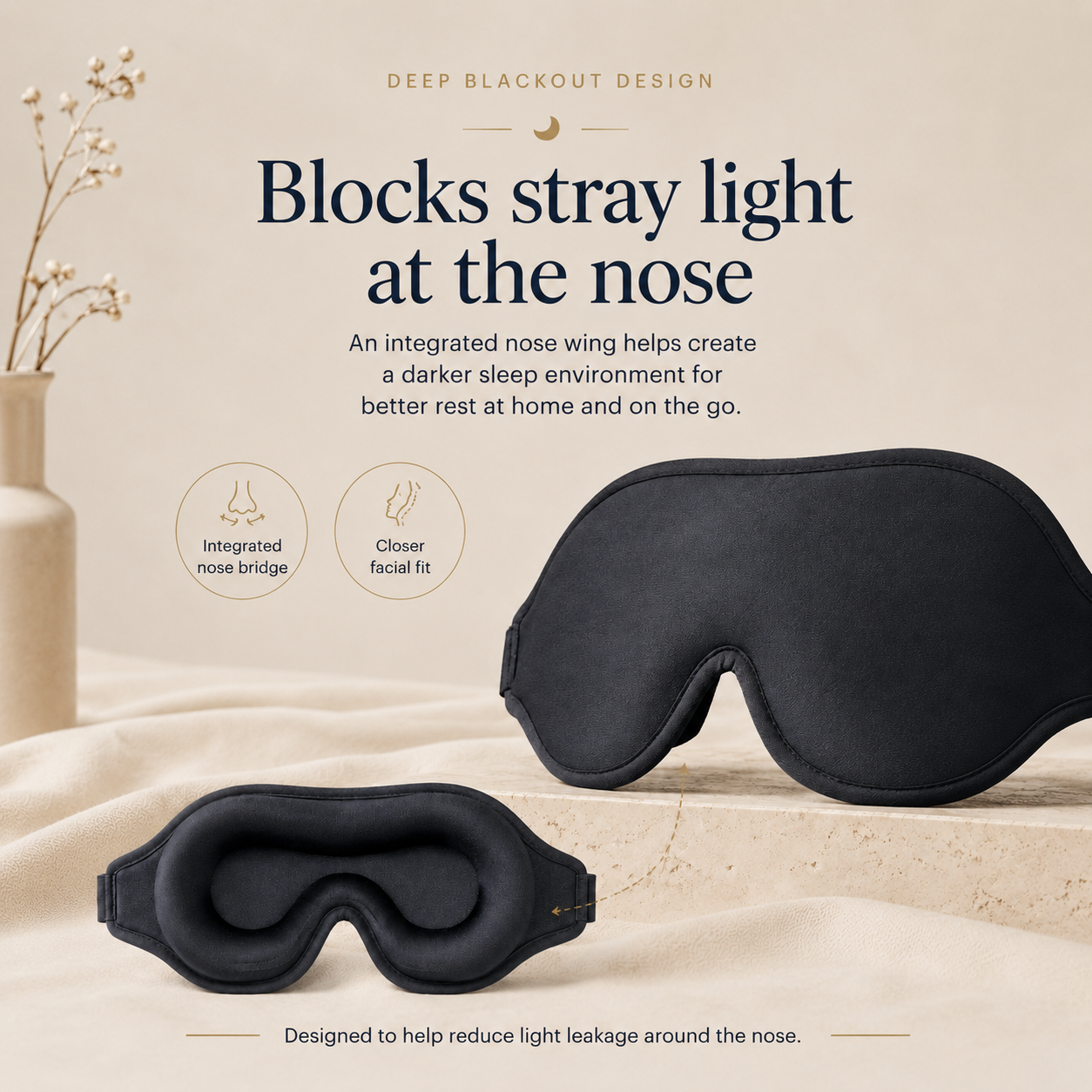 RestWeave blackout sleep mask with integrated nose bridge to reduce light leakage around the nose