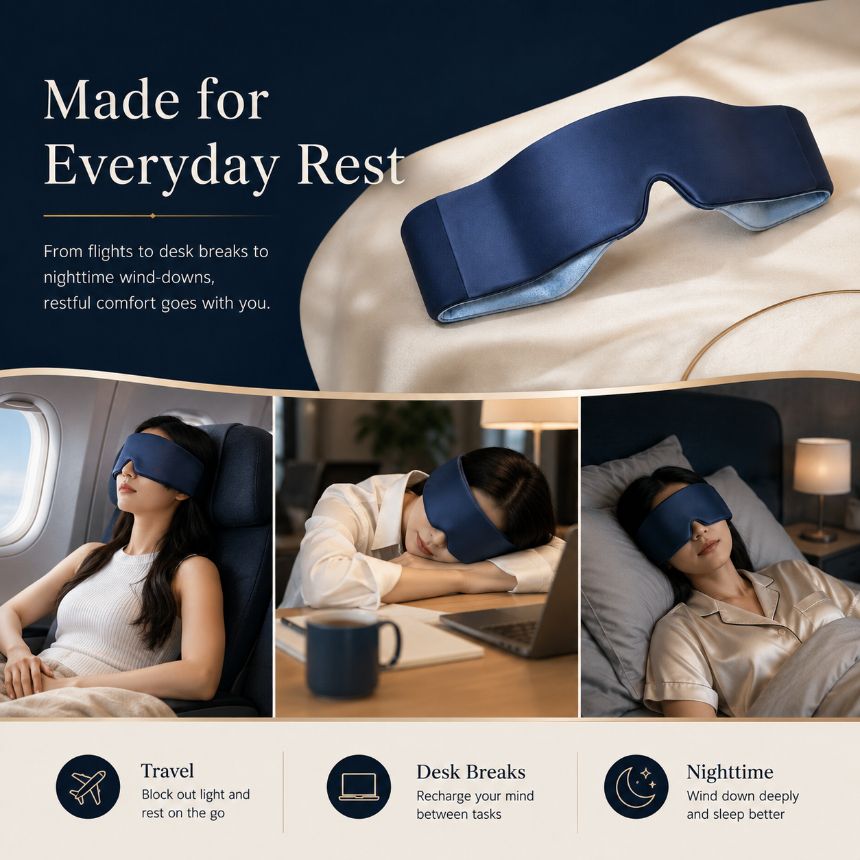 RestWeave sleep mask used during air travel, desk breaks, and nighttime rest