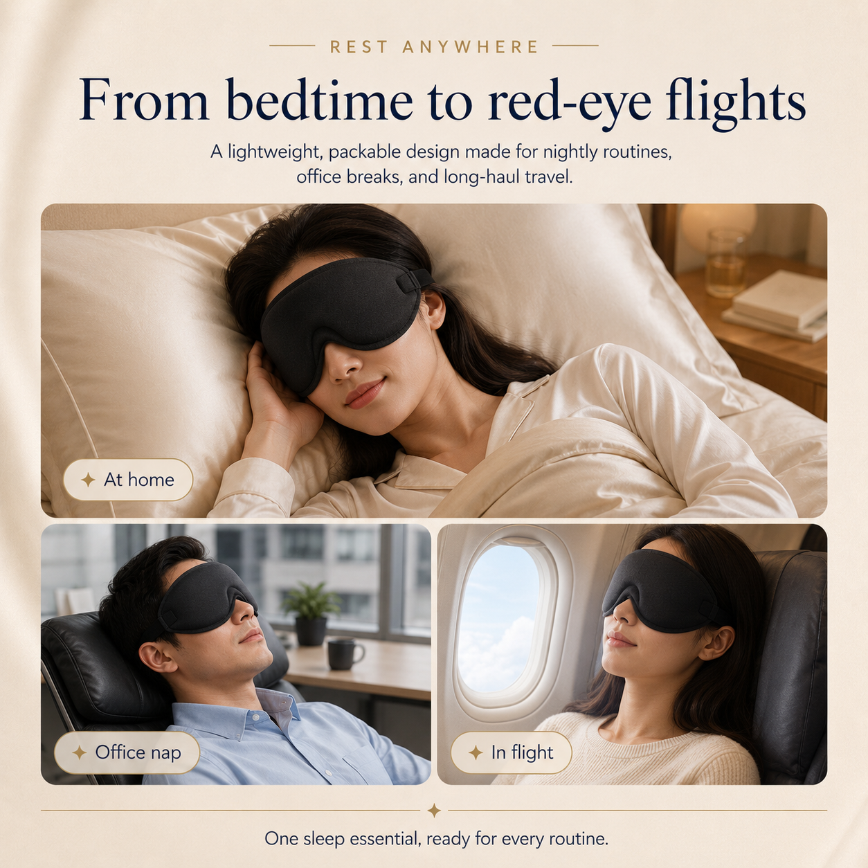 RestWeave black sleep mask used for bedtime, office naps, and in-flight rest
