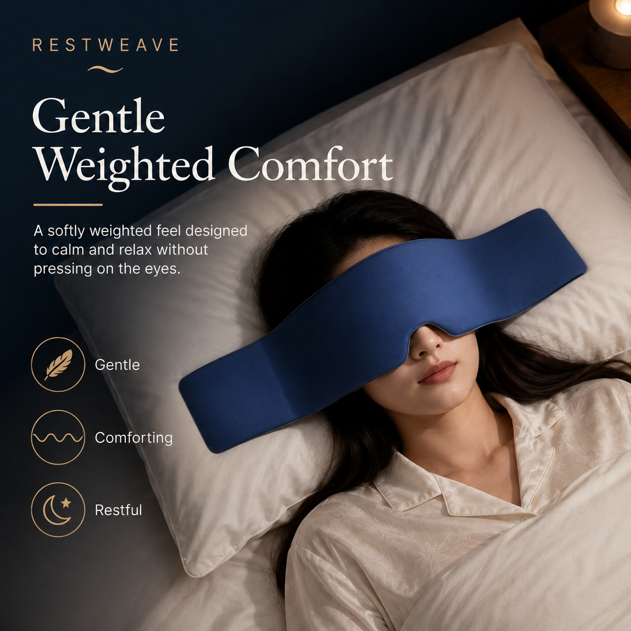 RestWeave weighted sleep mask worn in bed for gentle pressure-free eye comfort