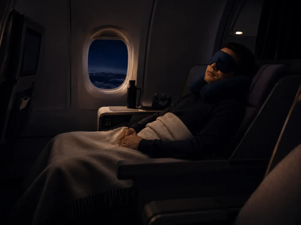 Passenger sleeping comfortably on a plane with a sleep mask and supportive neck pillow