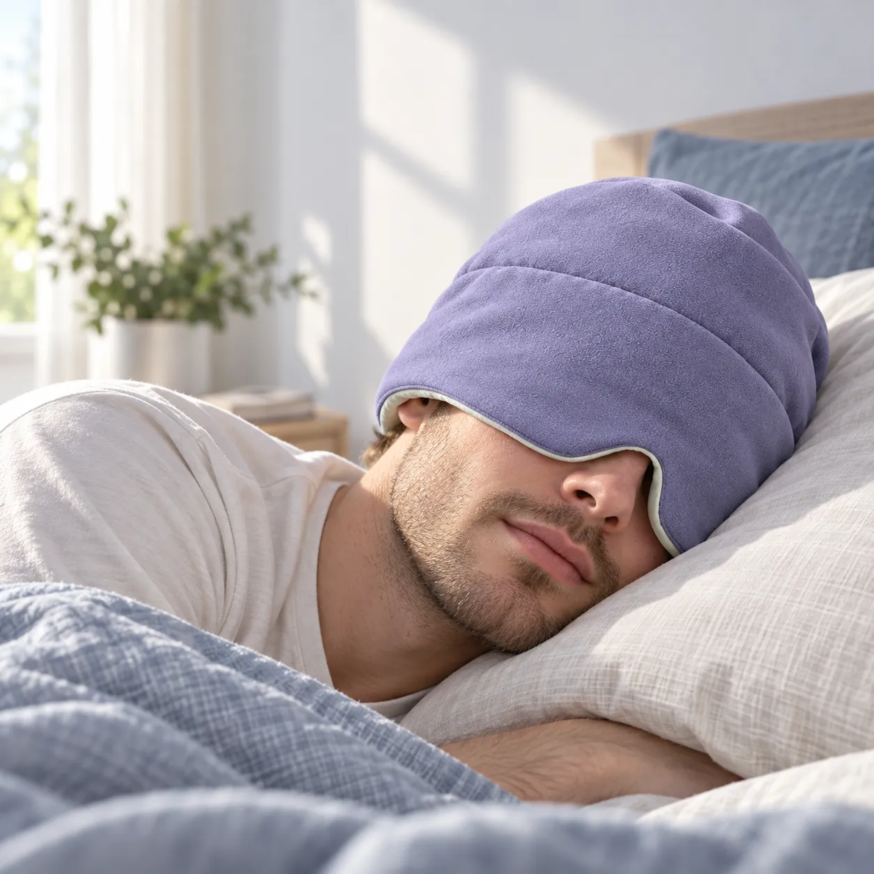 RestWeave lavender temperature balanced sleep hat with soft light blocking design